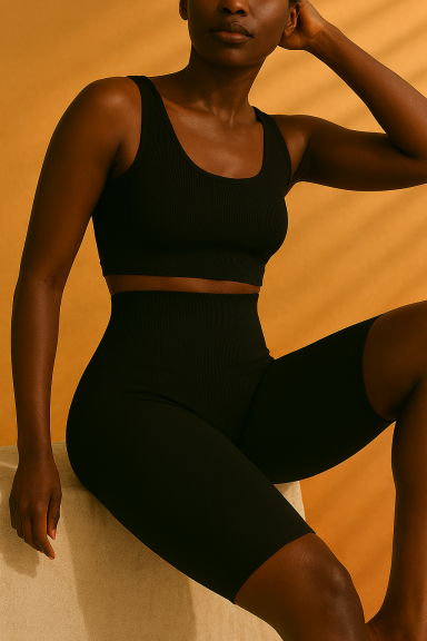 Shorty gainant noir mi‑cuisse, Un essentiel polyvalent, pensé aussi bien pour le maintien que pour l’élégance.