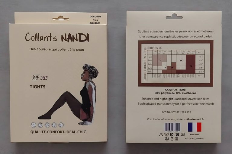 Packaging Collants NANDI, conçus pour sublimer toutes les nuances de peaux mates, métissées, profondes et noires avec des teintes exclusives